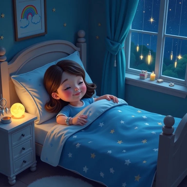 Lucy returns to her bedroom with the magical bracelet, ready for peaceful dreams.
