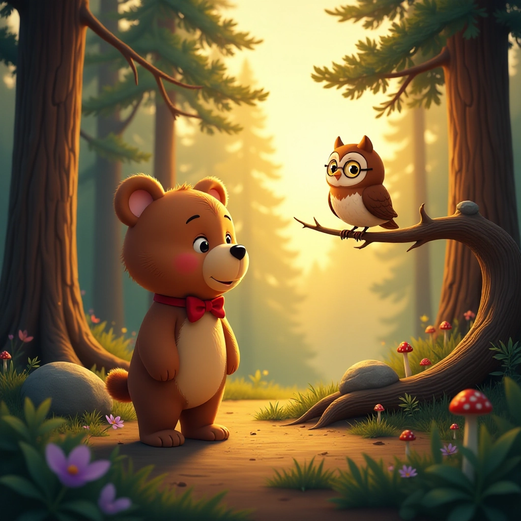 A curious bear cub meets a wise owl in a magical forest clearing at sunset