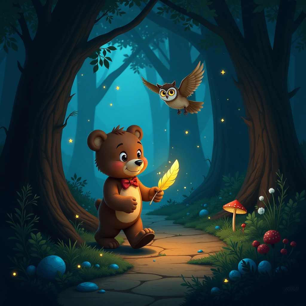 Bear cub and owl embark on a magical journey through an enchanted forest