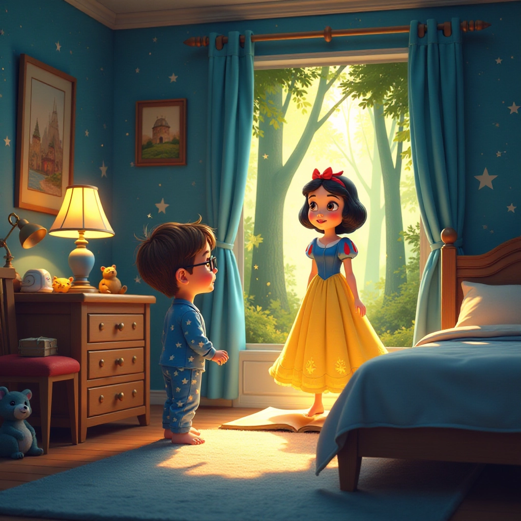 Young boy Tommy discovers magical portal as Snow White emerges from his storybook.