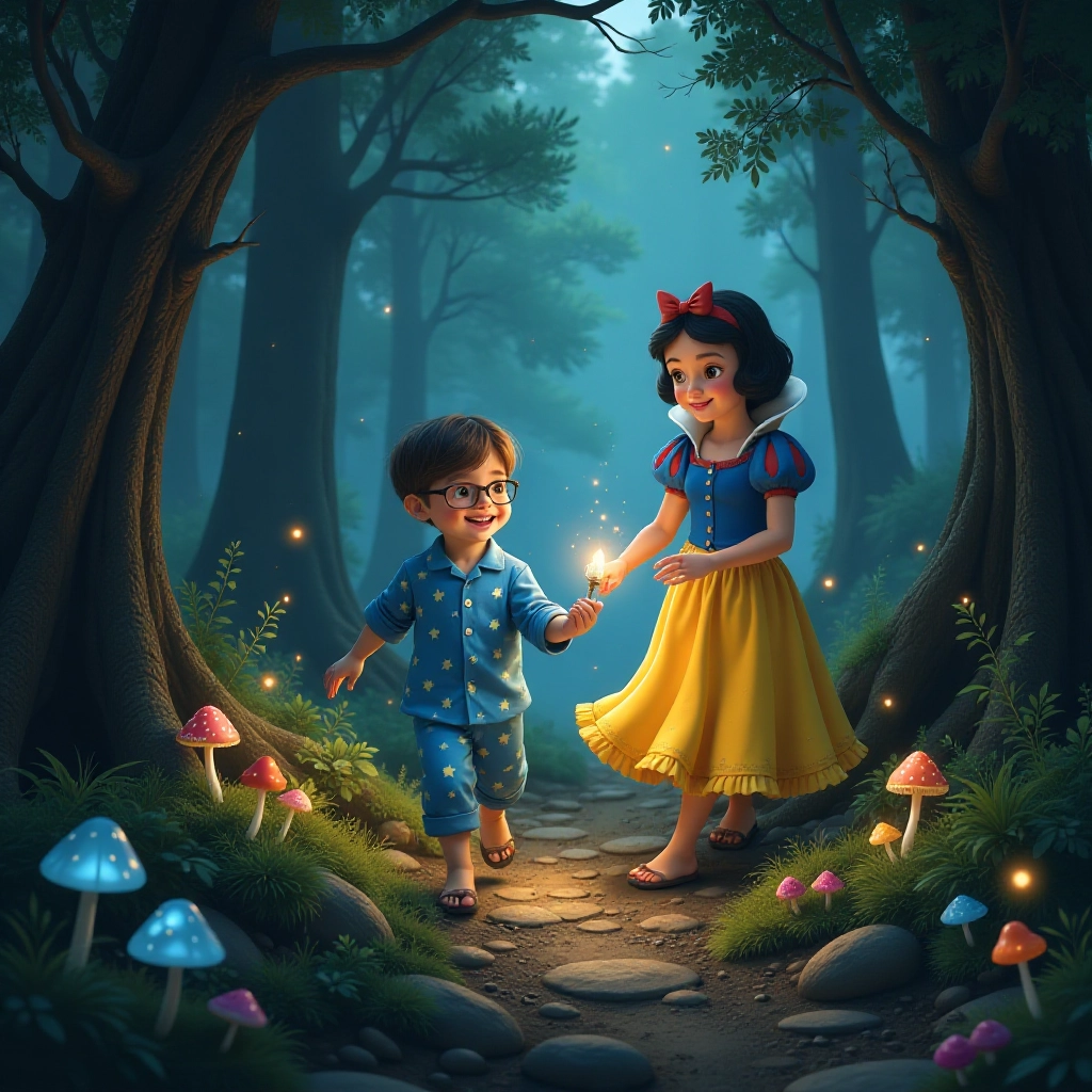 Tommy and Snow White follow magical clues through enchanted forest.