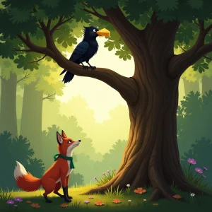 A proud raven perches high in an oak tree with a delicious piece of cheese.