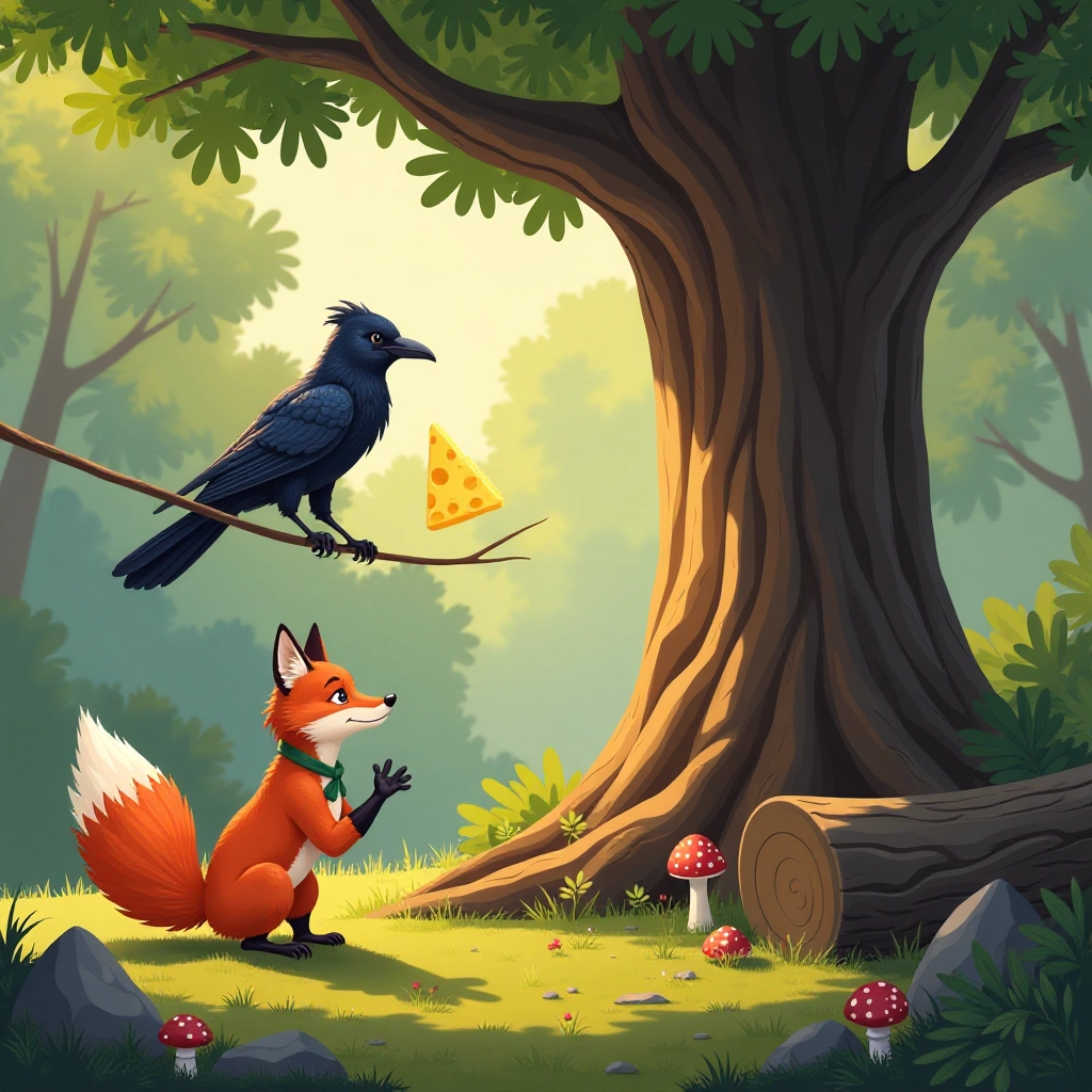 A cunning fox attempts to flatter the raven to get the cheese.
