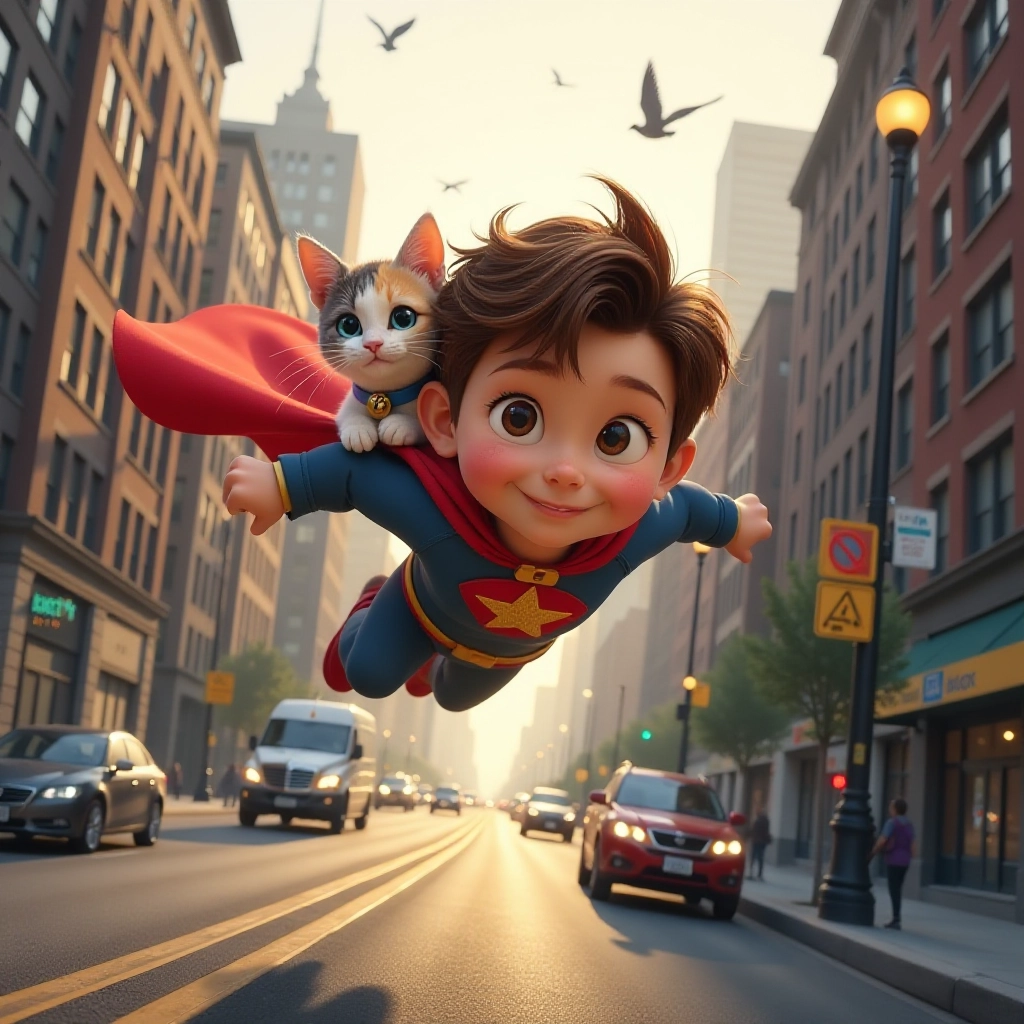 Tommy flies through the city with his cat to save the bridge