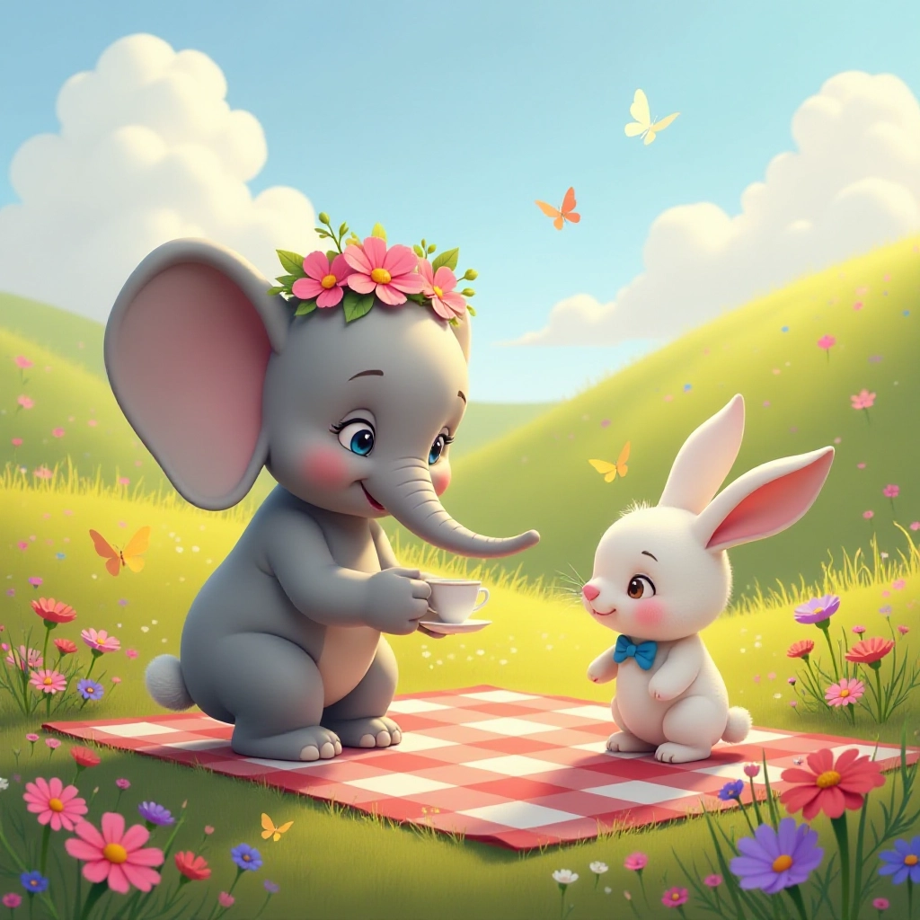 An elephant discovers a tiny rabbit watching her tea party setup.