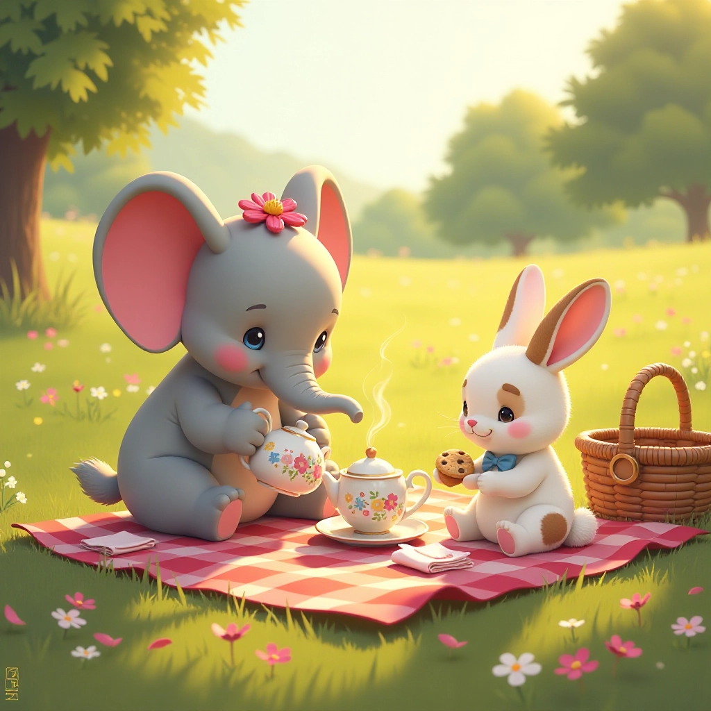 The elephant and rabbit share tea and cookies despite their size difference.