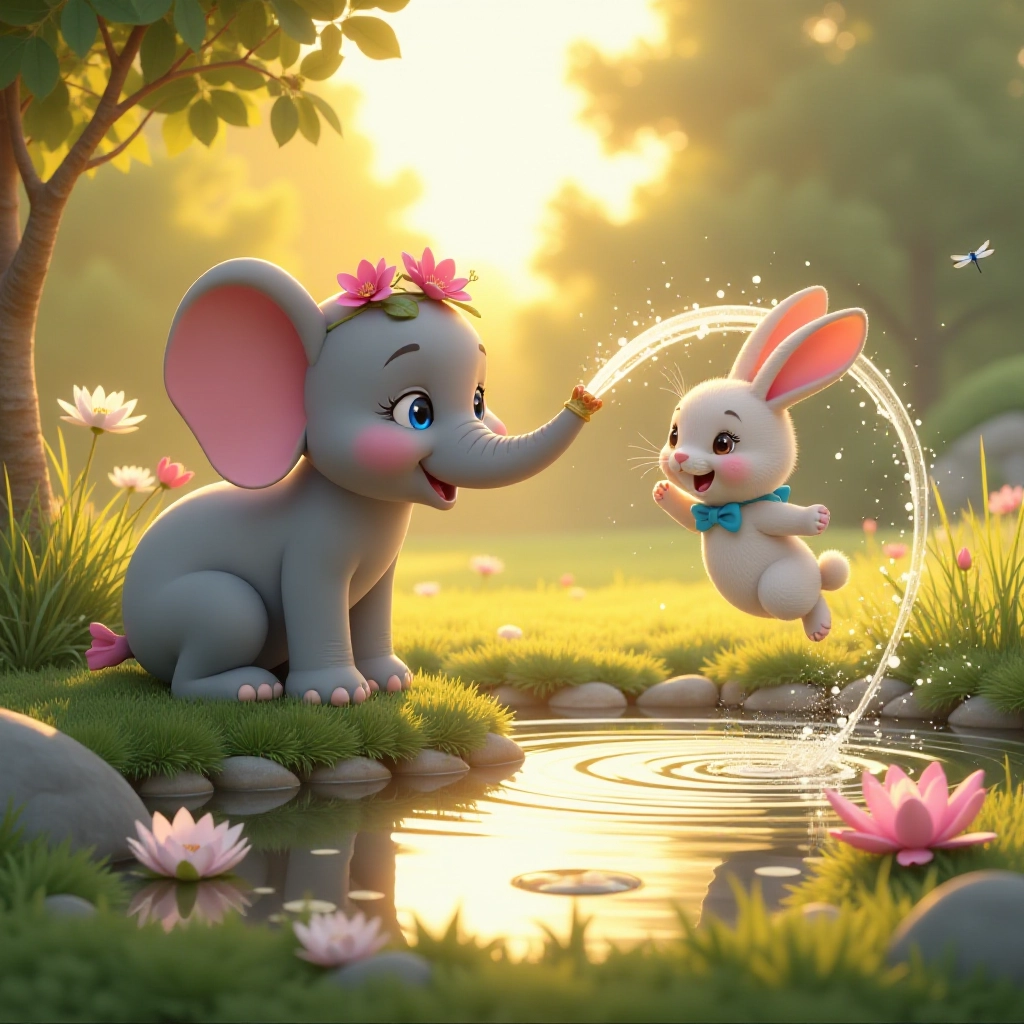 The new friends play with water and create rainbows.
