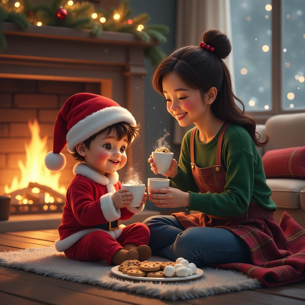 Cozy ending with mother and son sharing cookies by fireplace.