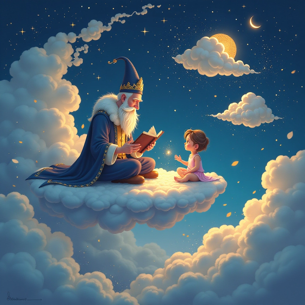 The Sandman takes Luna into a magical dream world filled with story clouds.