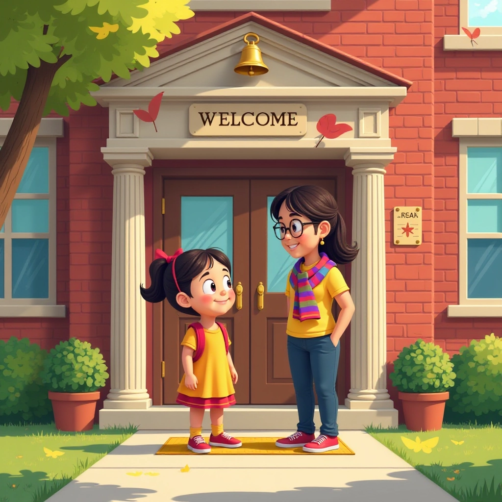 Child meeting caring teacher at school entrance
