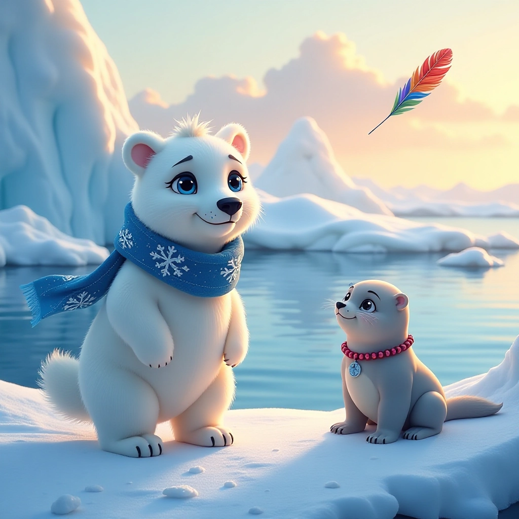 A young polar bear discovers a magical rainbow feather on the Arctic shore