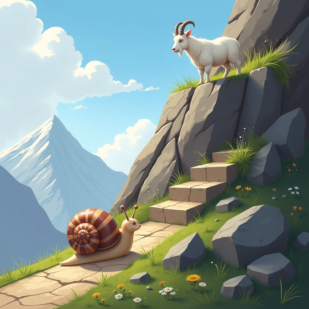 Sammy perseveres through challenges as he climbs higher, encouraged by a mountain goat.
