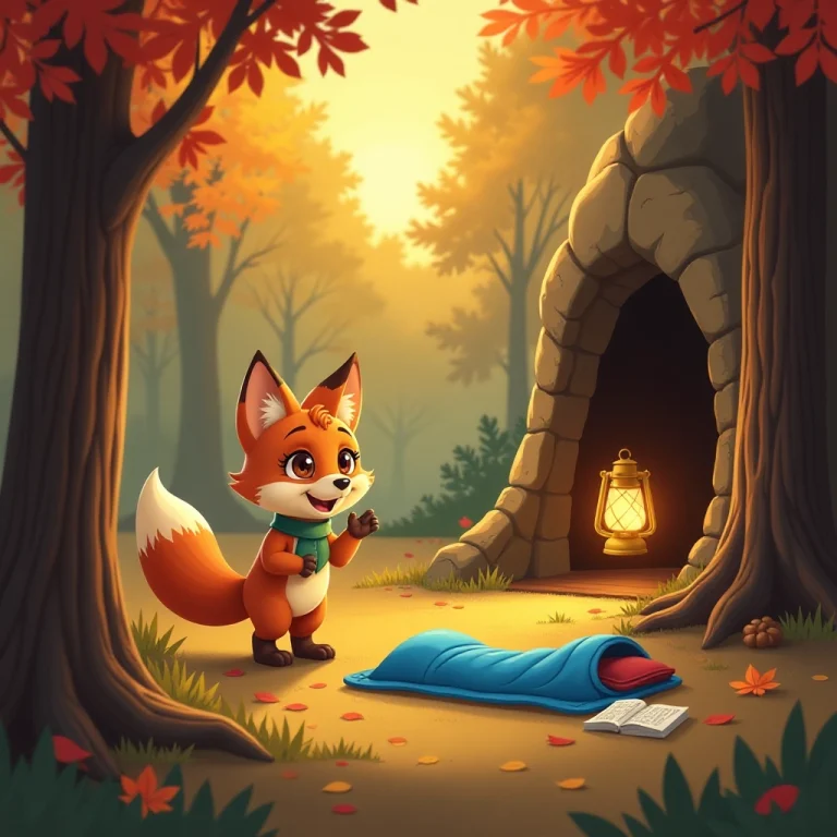 Young fox discovers new sleeping bag in forest clearing.