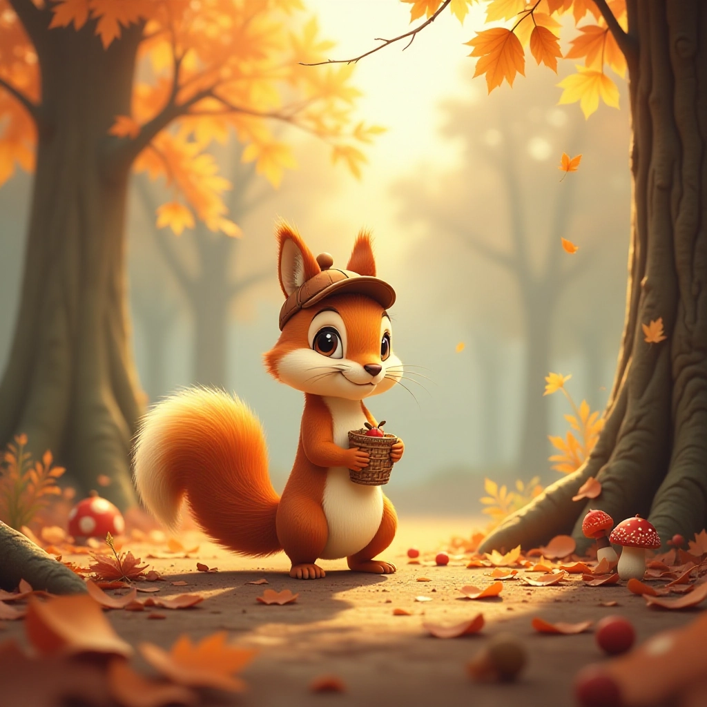 A young squirrel starts his autumn morning in a forest clearing.