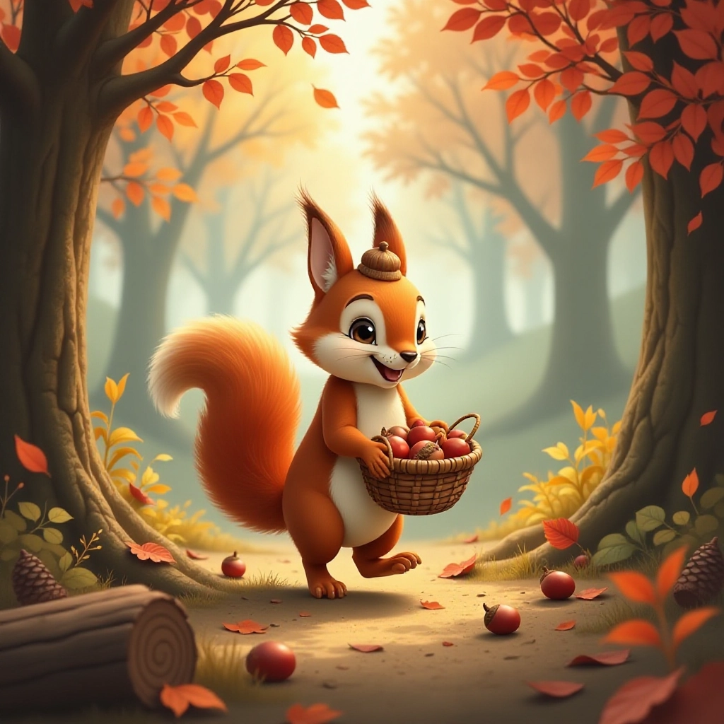 Nutkin collects acorns throughout the forest.