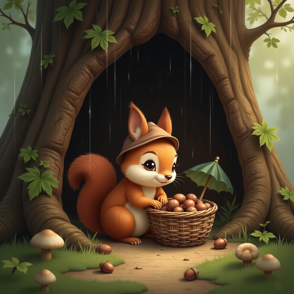 Nutkin takes shelter from sudden rain in a hollow tree.