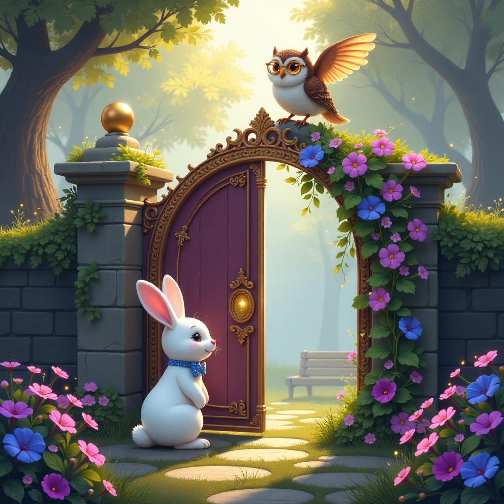 A curious young rabbit discovers a magical garden entrance guarded by a wise owl.