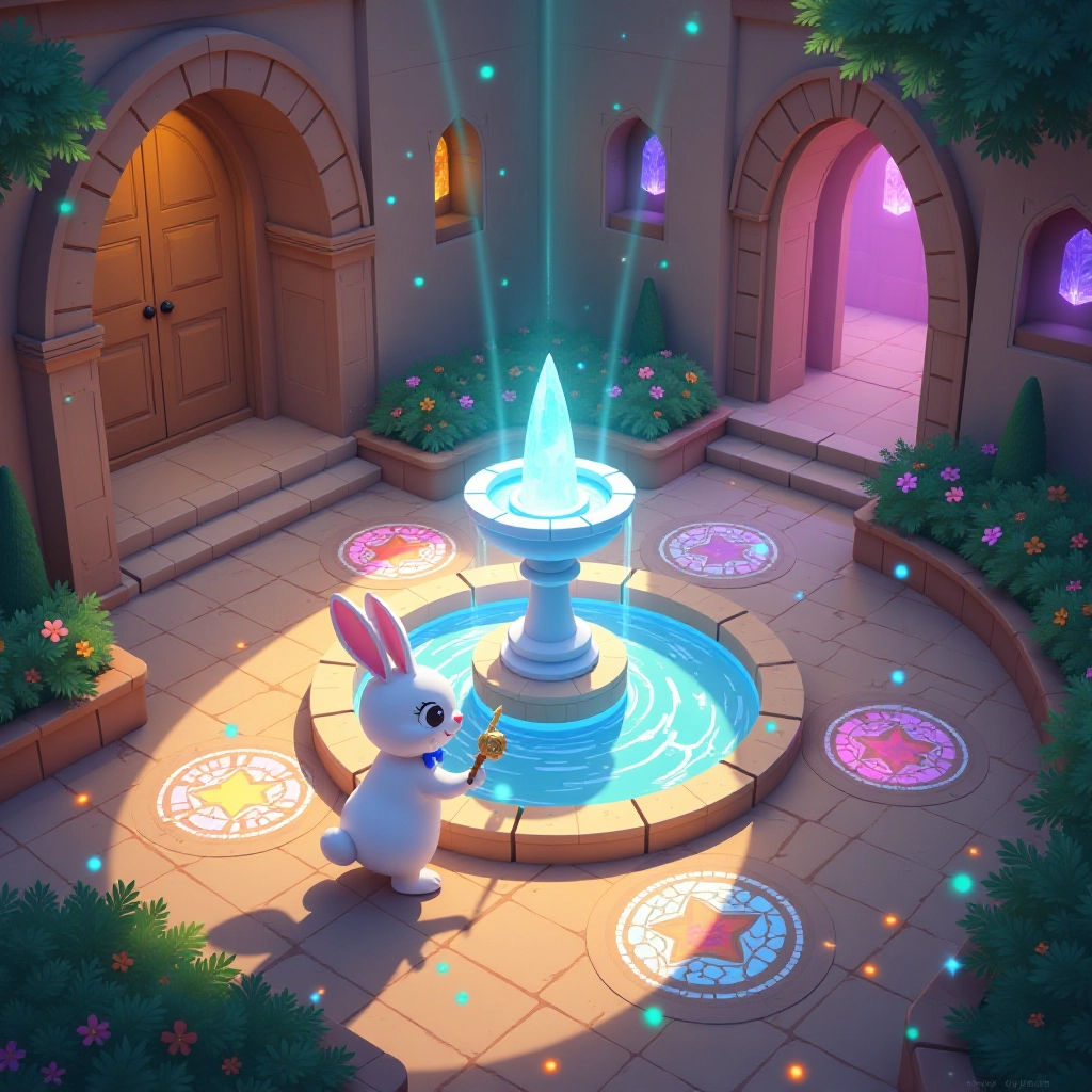 Luna attempts her first rainbow spell in the magical courtyard.