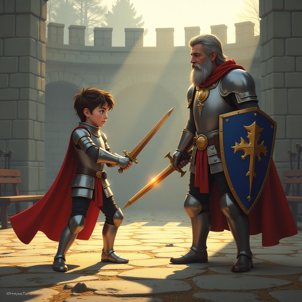 Young knight Roland training with Master Knight Gerard in misty morning