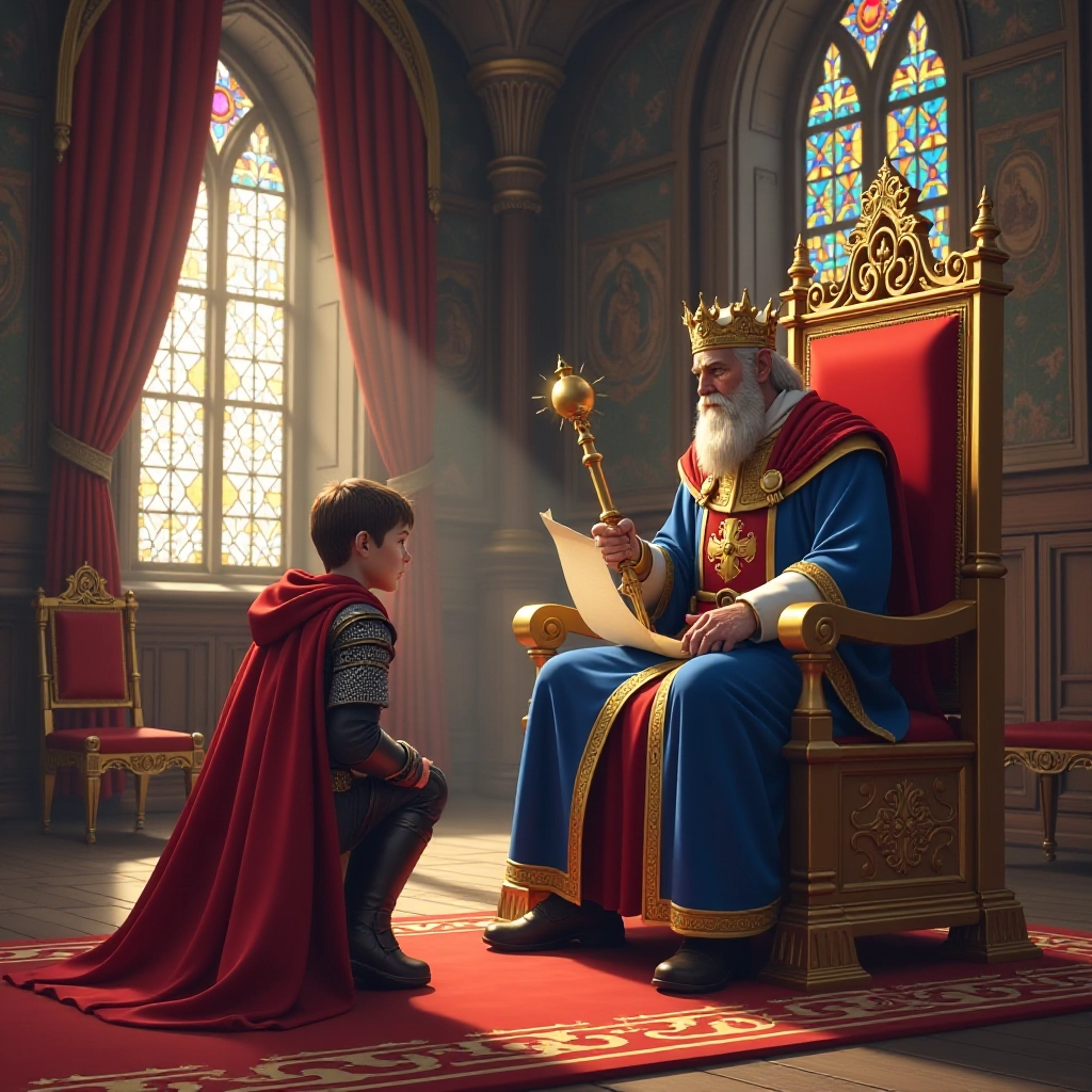 Roland receiving his first quest from King Augustus in the great hall