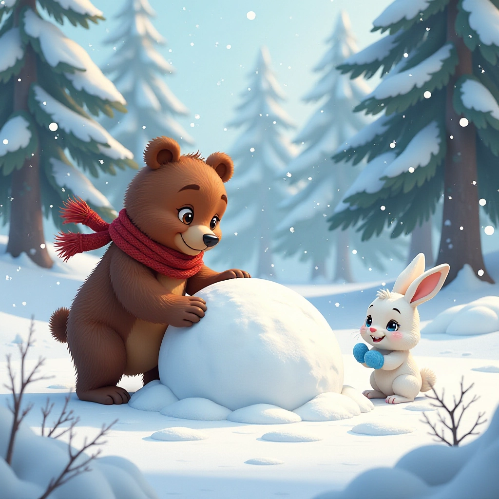 Friends work together to build the base of their snowman