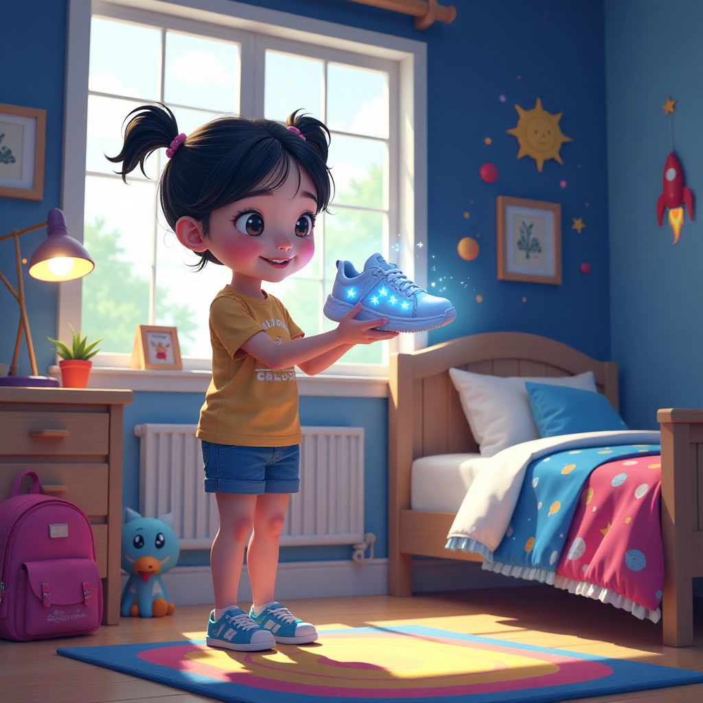 A young girl discovers mysterious glowing sneakers in her bedroom.