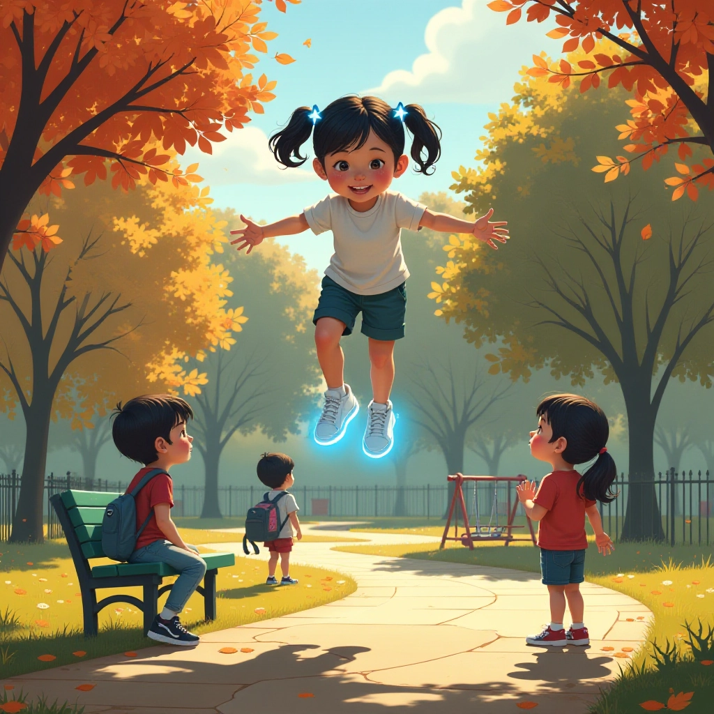 Girl learns to control her flying sneakers in a local park.