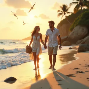 A couple begins their beach adventure during golden hour.