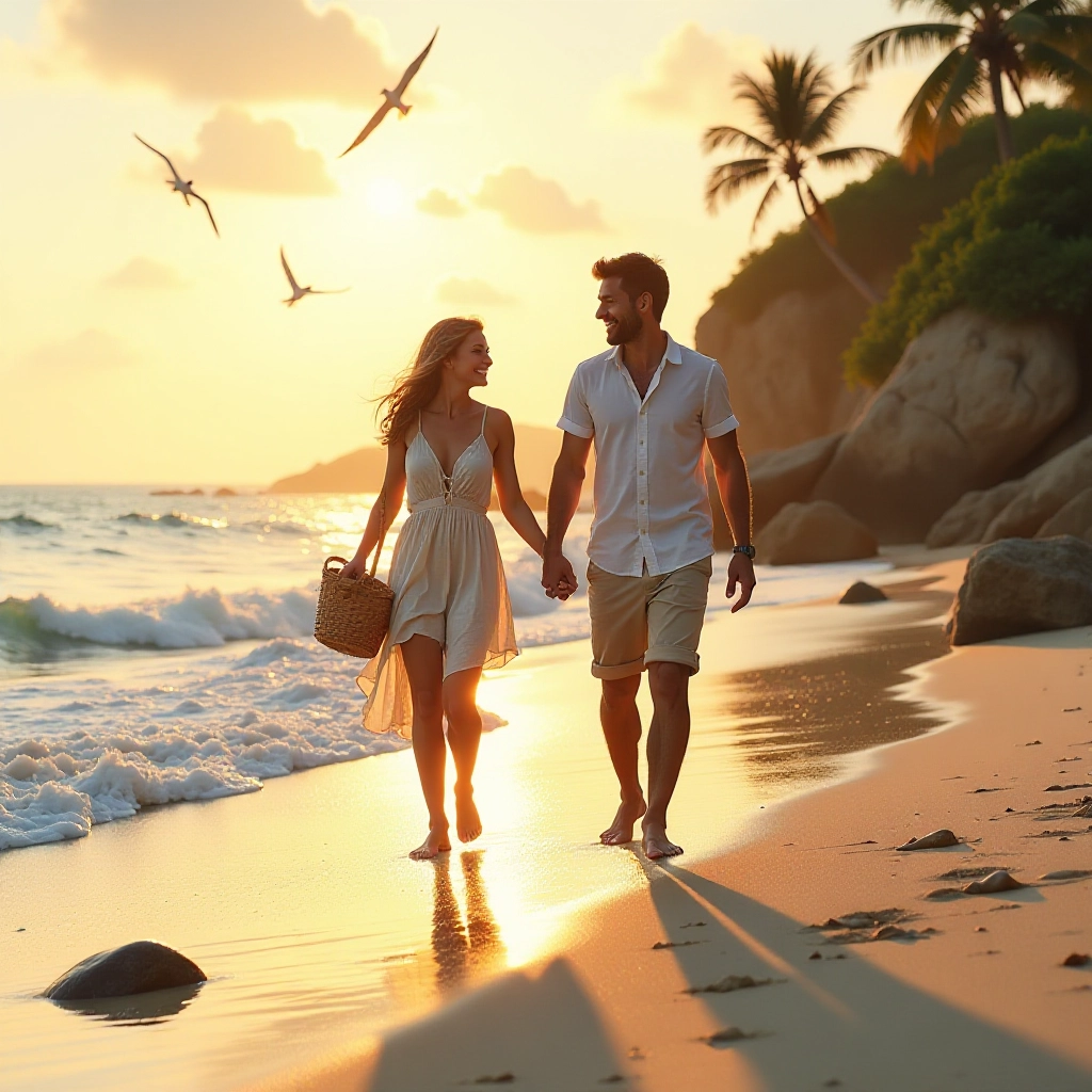A couple begins their beach adventure during golden hour.