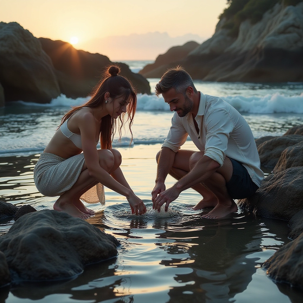 The couple engages in playful crab hunting in tide pools.