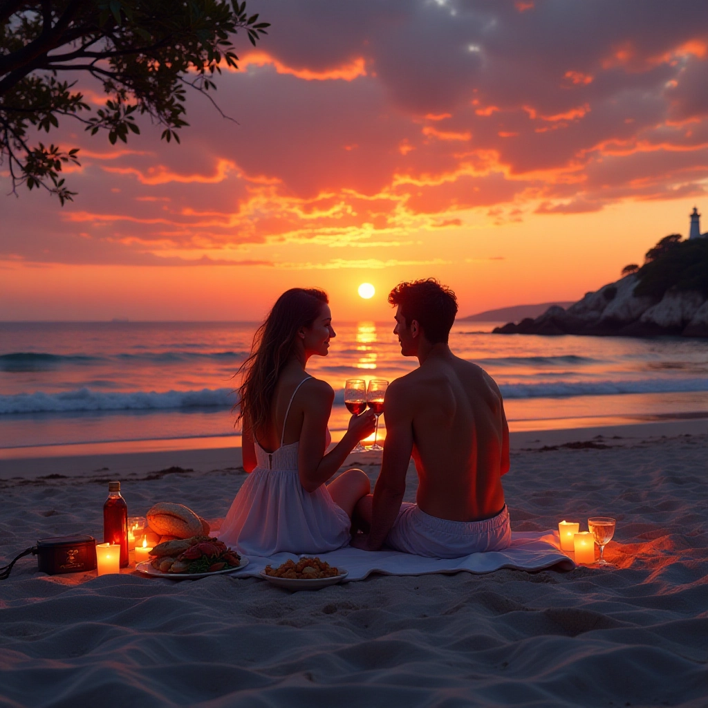 A romantic sunset picnic with their catch of the day.