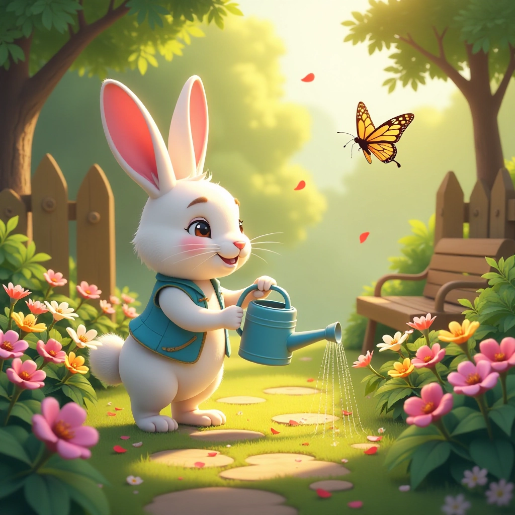 A kind rabbit notices a struggling butterfly in his garden
