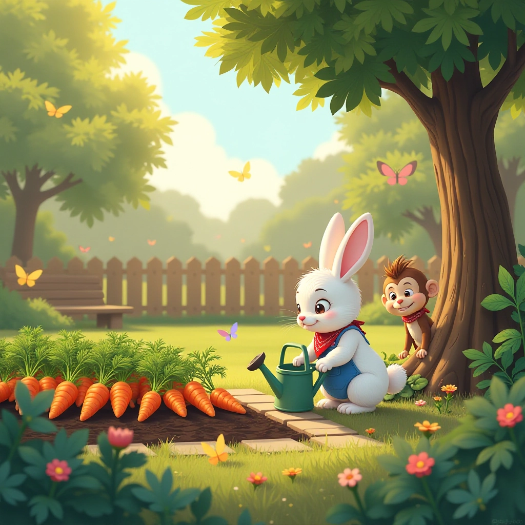 A diligent rabbit tends to his carrot garden while a curious monkey watches from afar.