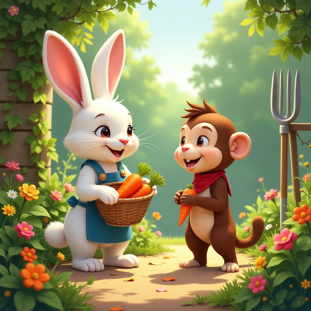The monkey gathers courage to approach the rabbit and ask about the carrots.