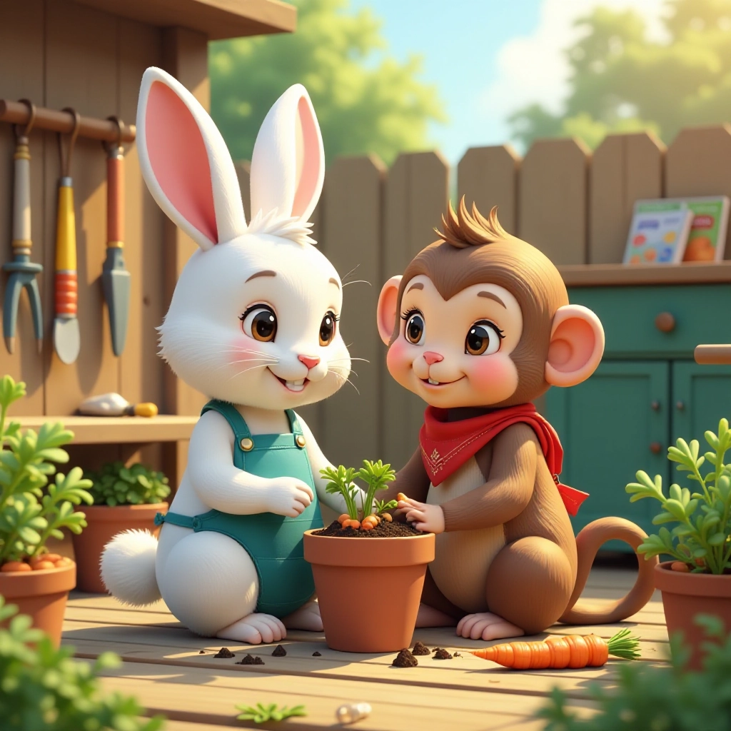 The rabbit teaches the monkey how to plant and care for carrots.