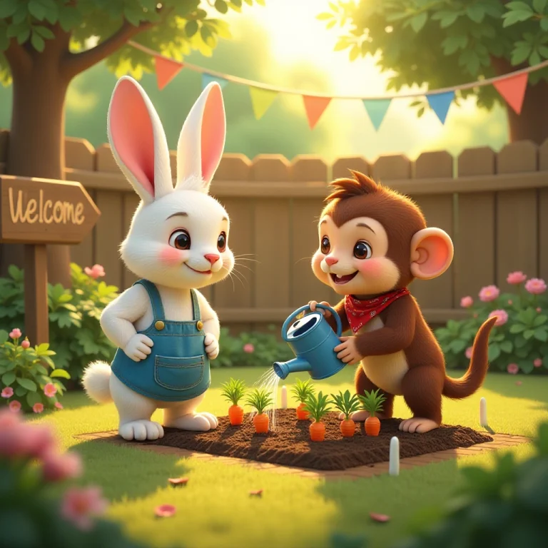 The rabbit and monkey become garden partners and celebrate their friendship.