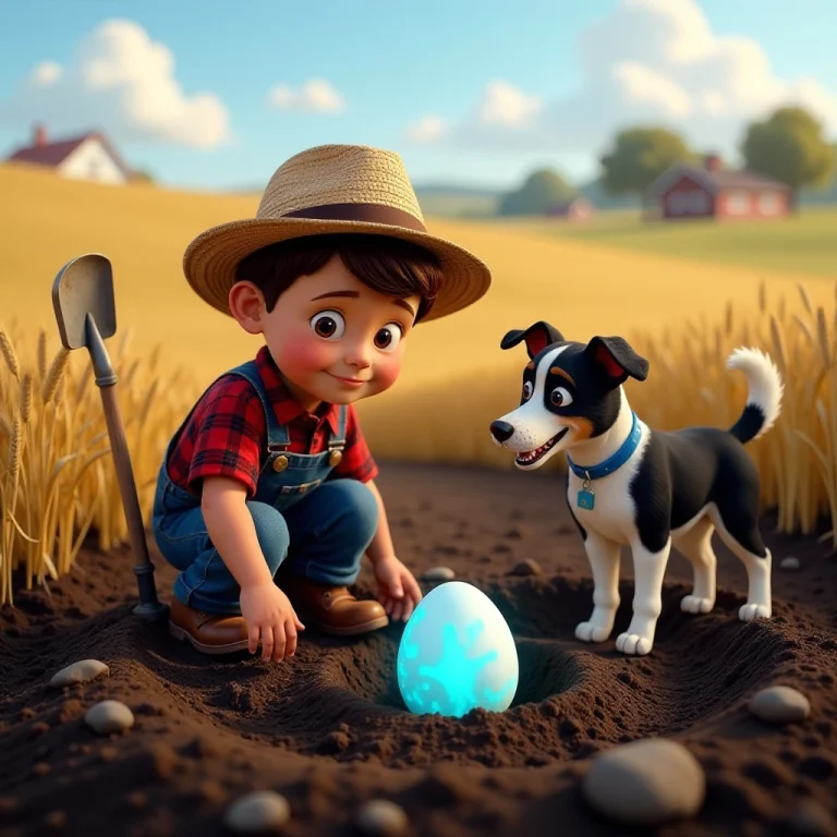 Young farm boy discovers mysterious glowing egg while digging in field.