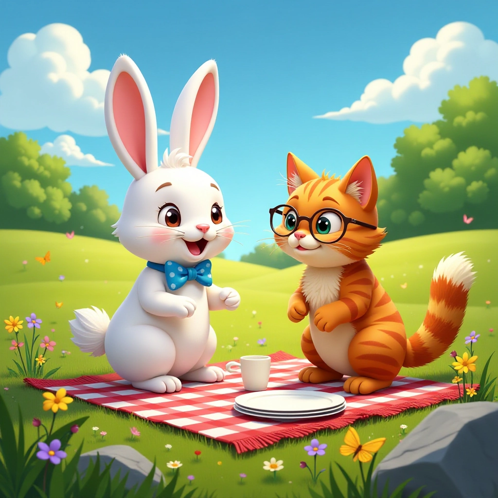 A rabbit and cat begin their picnic adventure in a sunny meadow