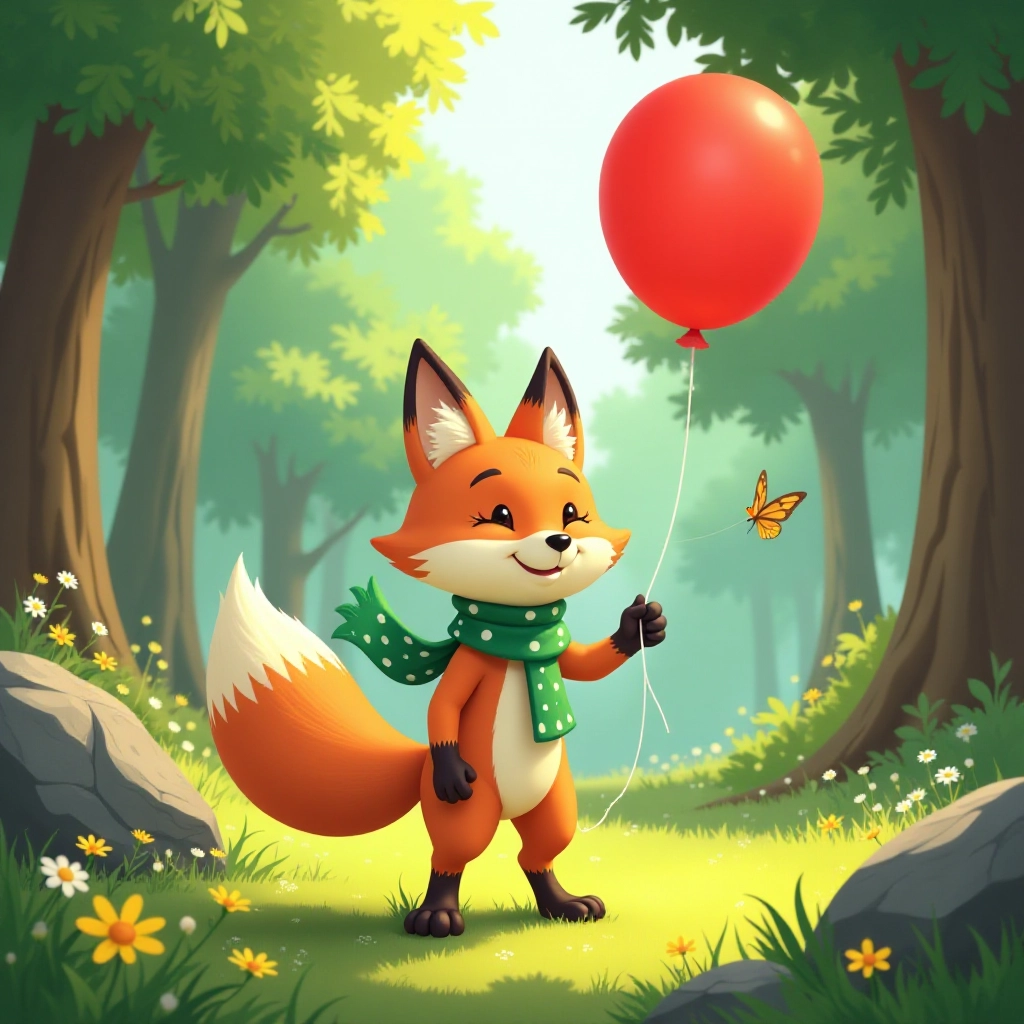 A happy fox receives a red balloon in a sunny forest clearing.