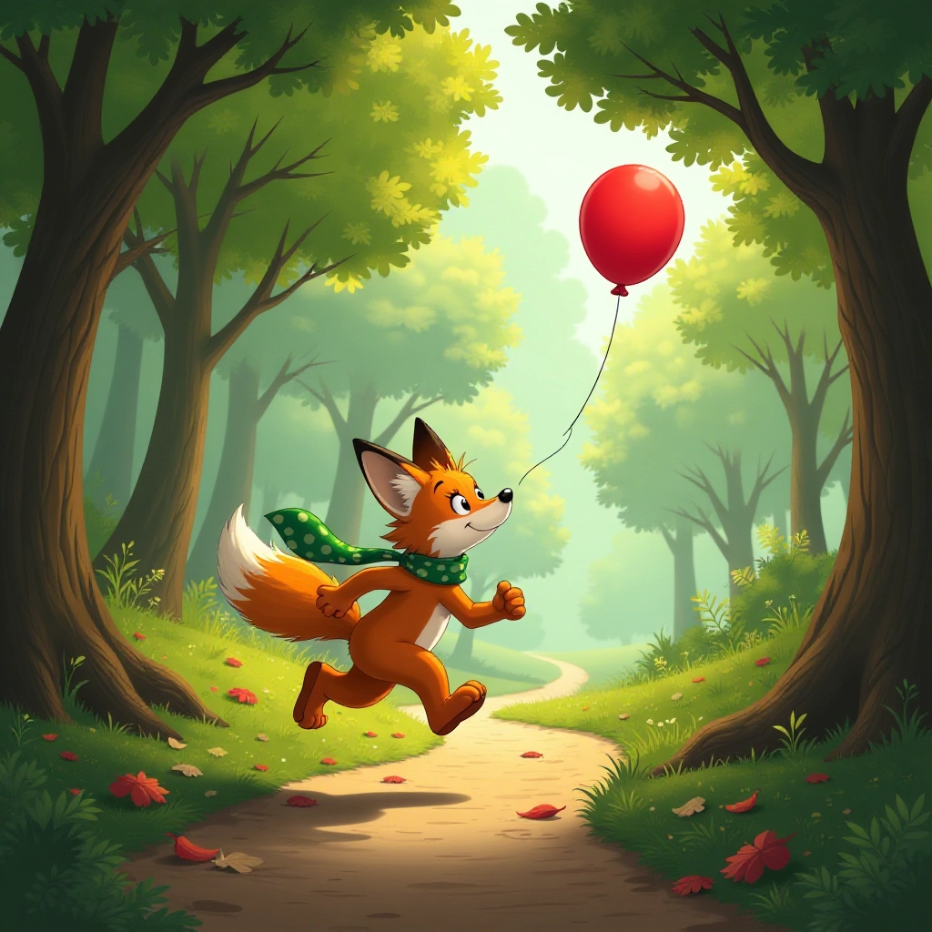 Fox chases after his balloon that slipped away in the forest.