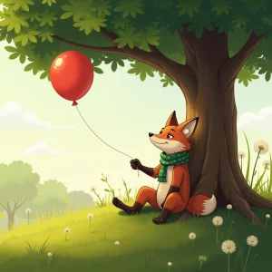 Fox relaxes under tree with his recovered balloon safely tied.