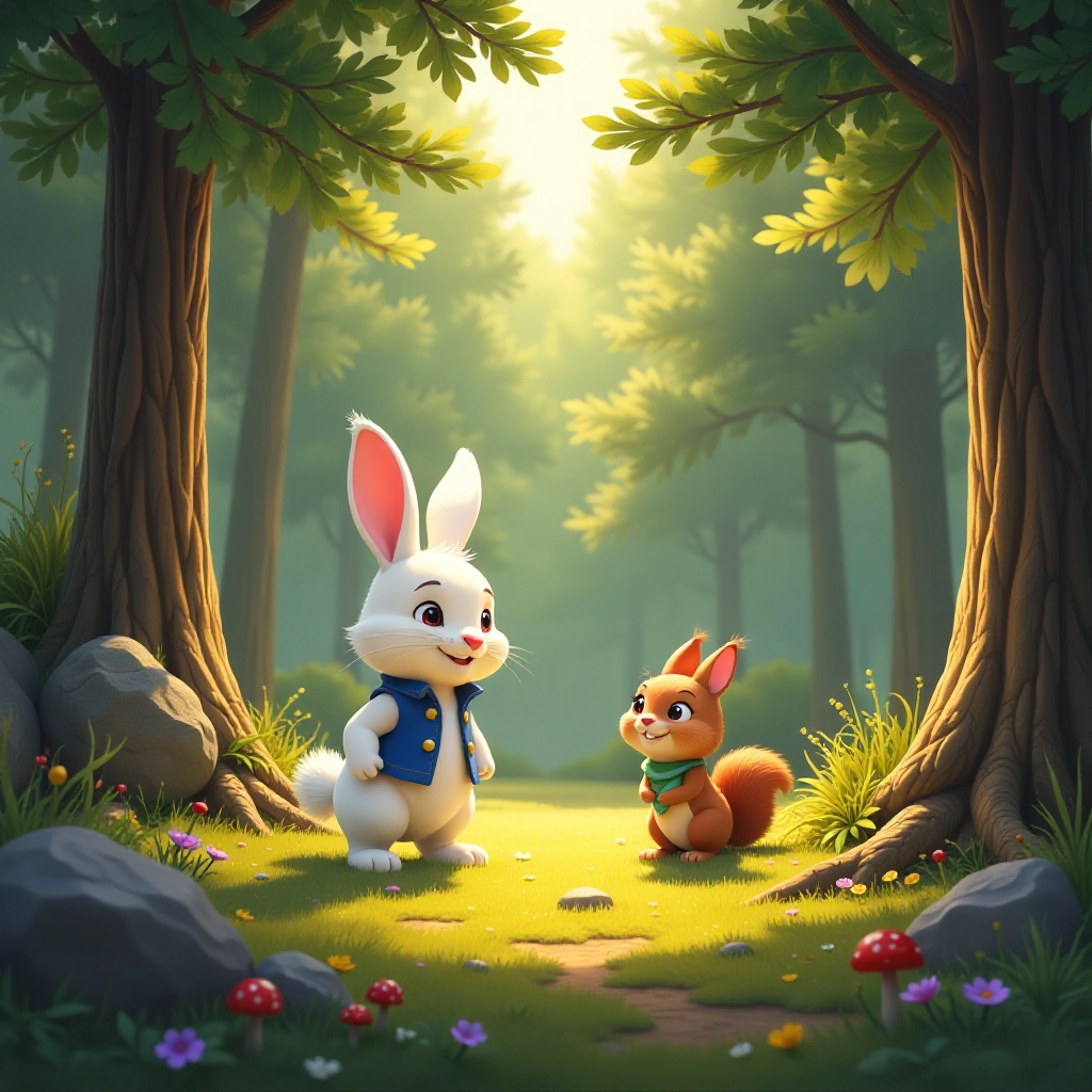 A peaceful forest scene introduces Hoppy Rabbit and Nutkin Squirrel gathering food.