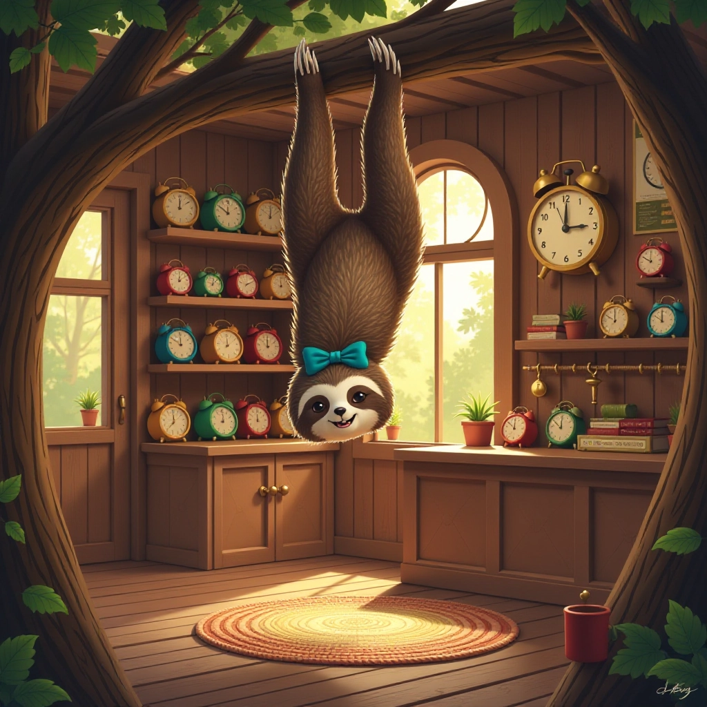 A sleepy sloth opens his quirky alarm clock shop in a cozy treehouse.