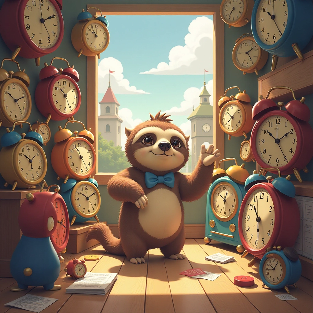 Chaos ensues as all the alarm clocks start ringing at once.