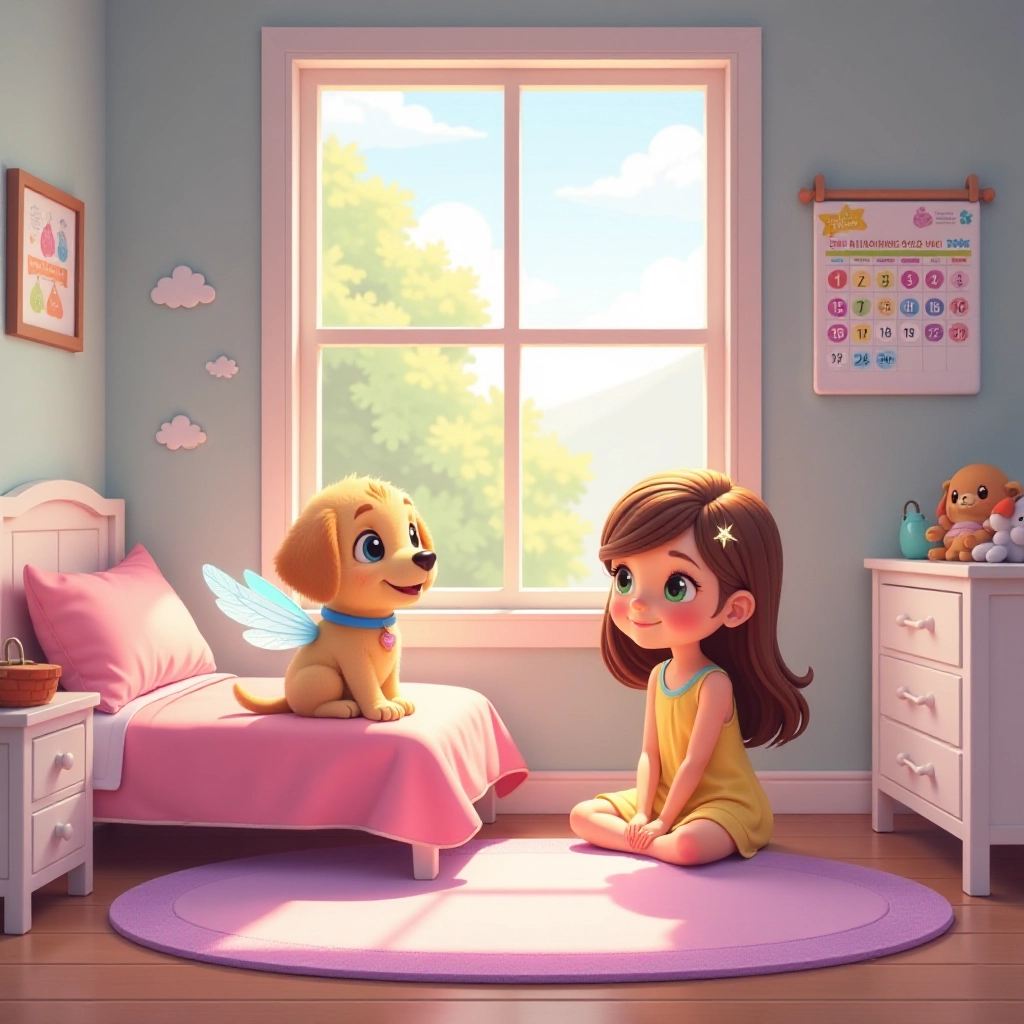 A magical flying puppy and her owner discover the rainbow has disappeared from their special calendar.