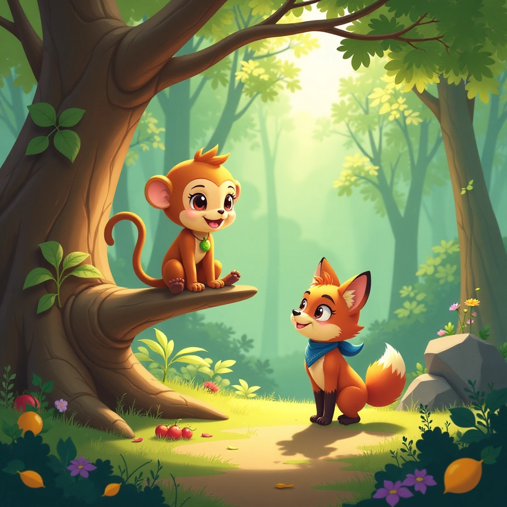 A clever monkey meets a cunning fox in a sunny forest clearing, beginning their adventure.