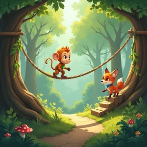 Monkey and fox face challenges in a forest obstacle course, testing their skills.