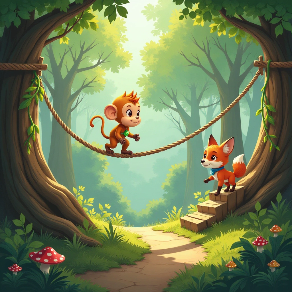 Monkey and fox face challenges in a forest obstacle course, testing their skills.