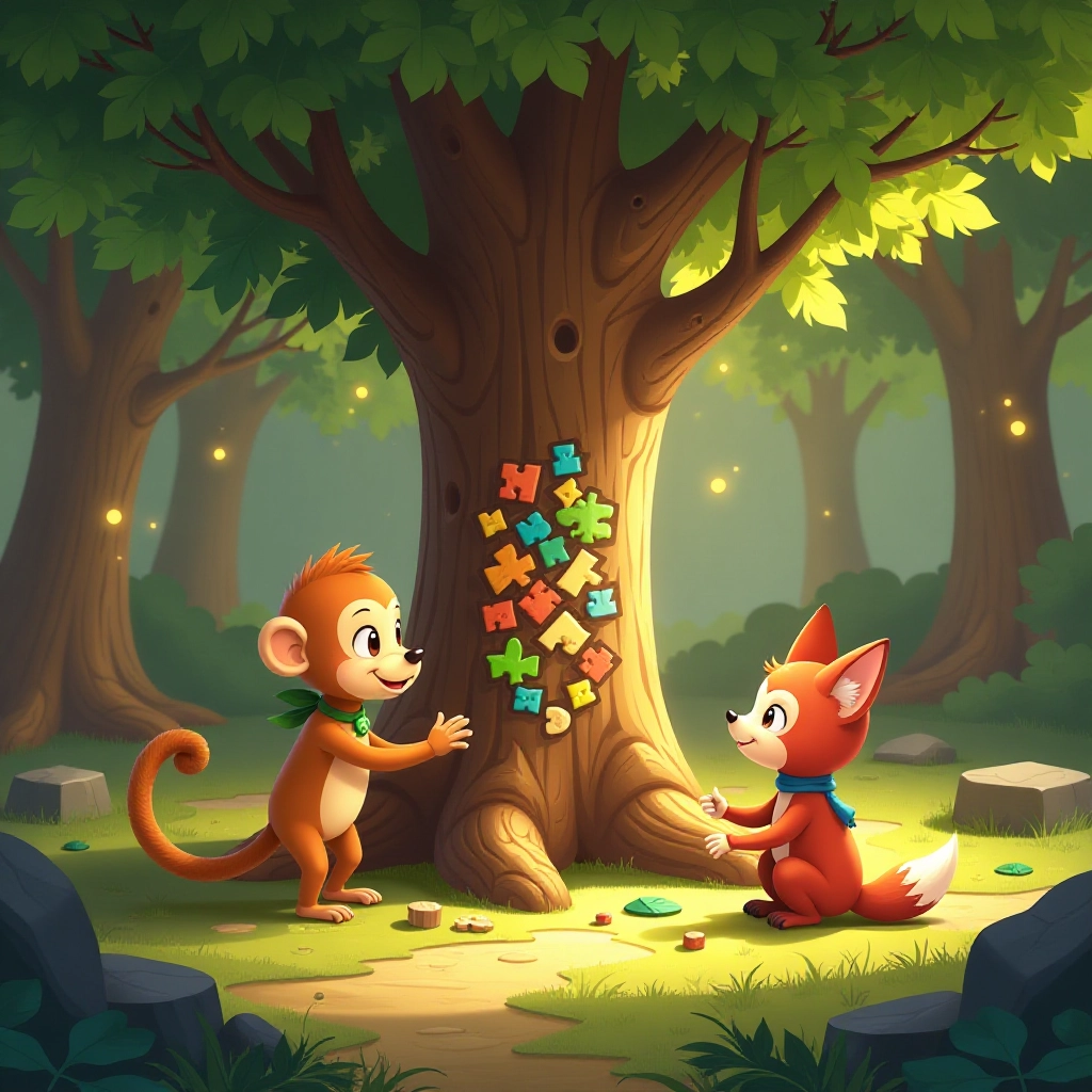 The forest friends solve a challenging puzzle together using their unique abilities.