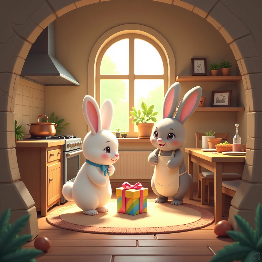 A young rabbit discovers a mysterious rainbow gift box in his cozy burrow.